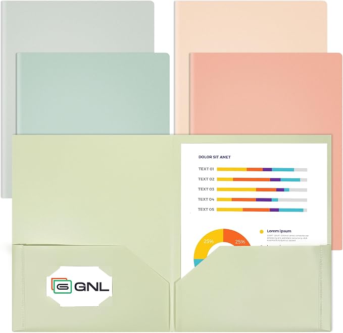 GNL Plastic Folders with Pockets, Pack of 5, Muted Pastel Colors, Heavy Duty 2 Pocket File Folders Letter Size, Pocket Folders for School, Home, and Office