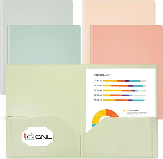 GNL Plastic Folders with Pockets, Pack of 5, Muted Pastel Colors, Heavy Duty 2 Pocket File Folders Letter Size, Pocket Folders for School, Home, and Office