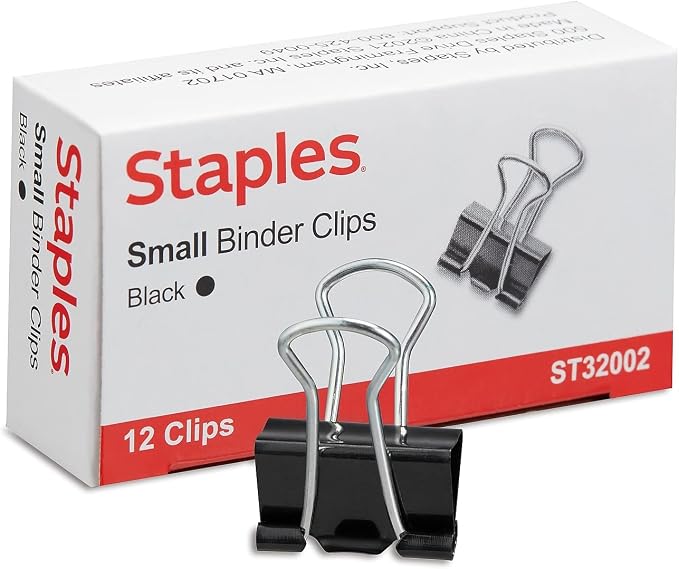 Staples Binder Clips, Small Size, 0.38" Capacity, Black, 144 Pack – Compact Clips for Documents, Notes & Office Use