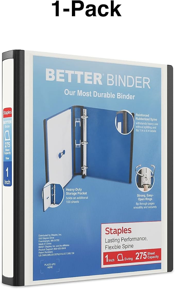 Staples Better Binder, 1" Heavy‑Duty D‑Ring 3‑Ring Binder, White, Reinforced Spine, 275‑Sheet Capacity, Durable Binder for Reports, Classes & Office Use, 3‑Pack