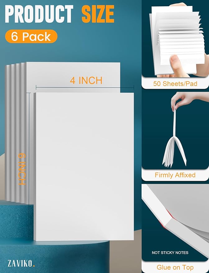 Note Pads 4x6, 6 Pack Mini Blank Notepad 4x6, Small Notepads 4x6 Paper Pads, Scratch Pads 4x6 Small Pads of Paper, Memo Pads 4x6, White Server Note Pad Paper, Small Pocket Notebook 4x6, 50 Sheets/Pad