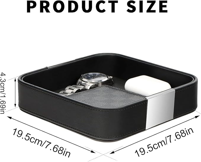 SANZIE Luxury Leather Desktop Storage Small Catchall Organizer Decorative Tray for Entryway Table to Hold Jewelry Watch Cosmetics Keys Phone Wallet, Home & Office Accessories (Metal Silvered, Black)