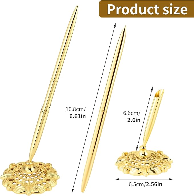 2 Pcs Gold Bridal Shower Pens for Guest Book with 360° Rotating Metal Pen Holder, Wedding Guest Book Signing Pen Set, Durable Metal Ballpoint Pens for Reception Table Decor