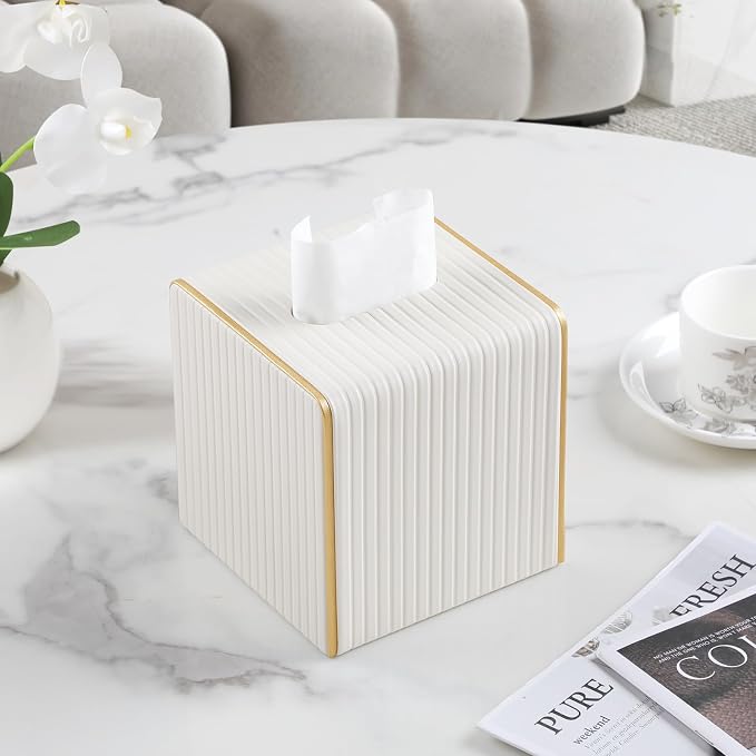 Square PU Leather Tissue Box Cover with Magnetic Closure, Decorative Tissue Holder & Storage Container for Bedroom, Living Room, Dining Room, Bathroom, Countertop, Desk & Office (Beige)
