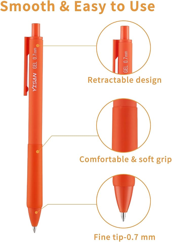 YISAN Colored Gel Pens,12 Pcs,0.7mm Fine Point | Retractable, Quick-Dry Ink, Smooth Writing for Journaling, Note Taking, Roller Ball Point, 71082