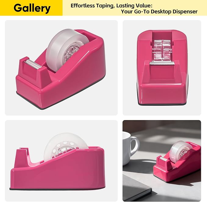 Desktop Office Tape Dispenser, Fits Standard 1-Inch Core Tapes, Weighted Non-Slip Base, Sharp Metal Blade, Smooth Cutting, Adhesive Roll Holder for Office, School, Shop, Home & Business - Rose Red
