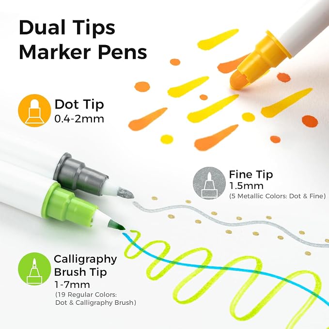 Ohuhu Journal Pens 24 Colors Dot Markers Dual Tip Coloring Markers - Kumimi | Calligraphy Brush & Dot for Adults Water-based Metallic & Regular Colors Dot Pens for Lettering Journal Scrapbooking