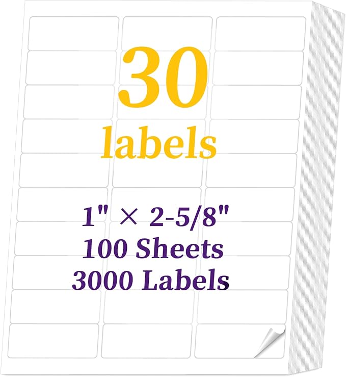 3000 Labels 100 Sheets 1" x 2-5/8" 30 up Address Label Sticker for Laser & Inkjet Printer - 30 Per Page Mailing Labels for Packages Adhesive, 30-up Return Printable Label