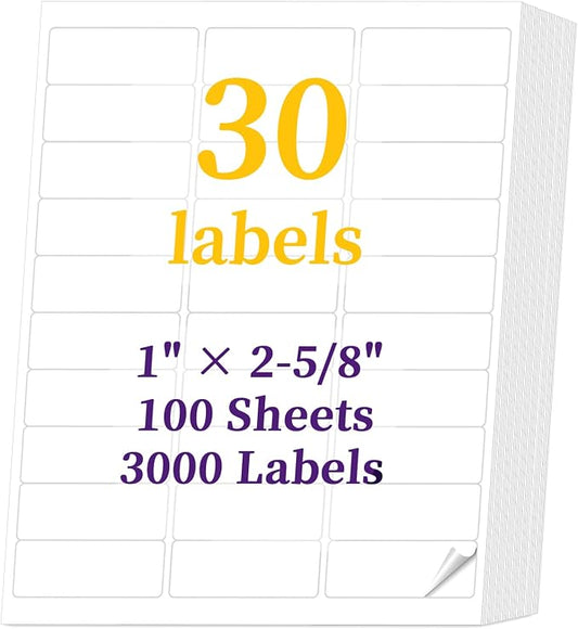 3000 Labels 100 Sheets 1" x 2-5/8" 30 up Address Label Sticker for Laser & Inkjet Printer - 30 Per Page Mailing Labels for Packages Adhesive, 30-up Return Printable Label