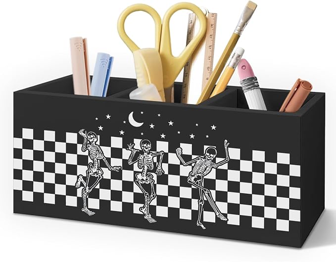 Gothic Skeleton Wooden Pen Pencil Holder for Desk Accessories, Witchy Gothic Desk Decor, Funny Skeleton Dancing Checkered Wood Makeup Brush Toothbrush Holder Organizer for Vanity Bathroom