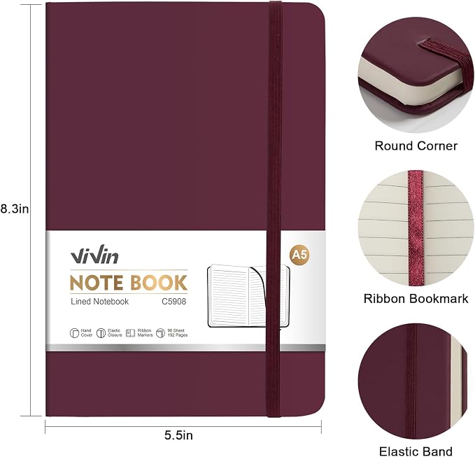 ViVin Lined Journal Notebooks,3 Pack,192 Pages,Medium 5.5 x 8.3 inch,College Ruled,A5 Hardcover Notebooks,Journaling Notebooks for Professional Office Work,Writing, School