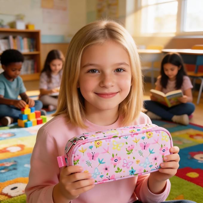 RHCPFOVR Kids Pencil Case for Girls-Soft Zipper Large Capacity Pencil Pouch for Girls Pencil Case for School Pencil Bag for Toddler (Pink Butterfly)