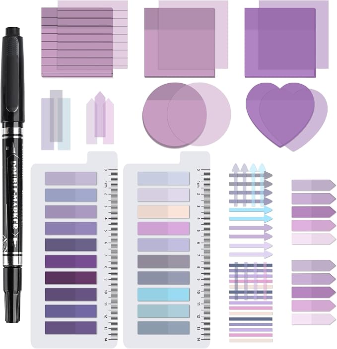 1450 Sheets Transparent Sticky Notes, 3 x 3 inch Aesthetic Clear Lined Sticky Notes with Pen, Gradient Color Waterproof Self-Adhesive Annotation Tabs for Bible Journaling (Purple)