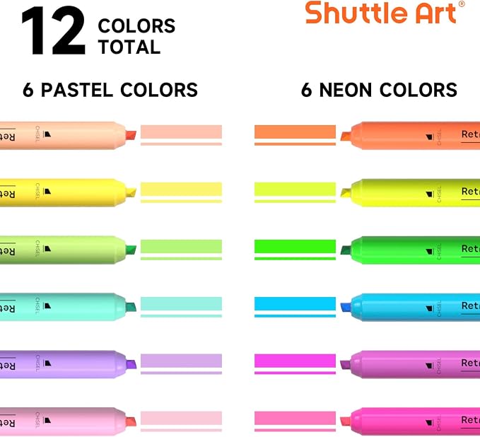 Shuttle Art Retractable Highlighters Assorted Colors, 12 Colors(6 Pastel & 6 Neon) Chisel Tip Fluorescent Markers, Quick-Dry Aesthetic Highlighter Pens for Adults, Perfect for School Office Home
