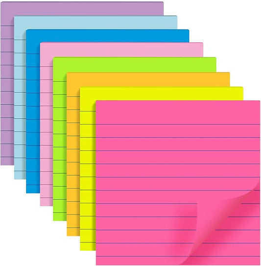 8 Pads Lined Sticky Notes 4x4 in Post, 8 Colors Self Sticky Notes Pad Its, Bright Stickies Colorful Big Square Sticky Notes for Office, Home, School, Meeting, 50 Sheets/Pad
