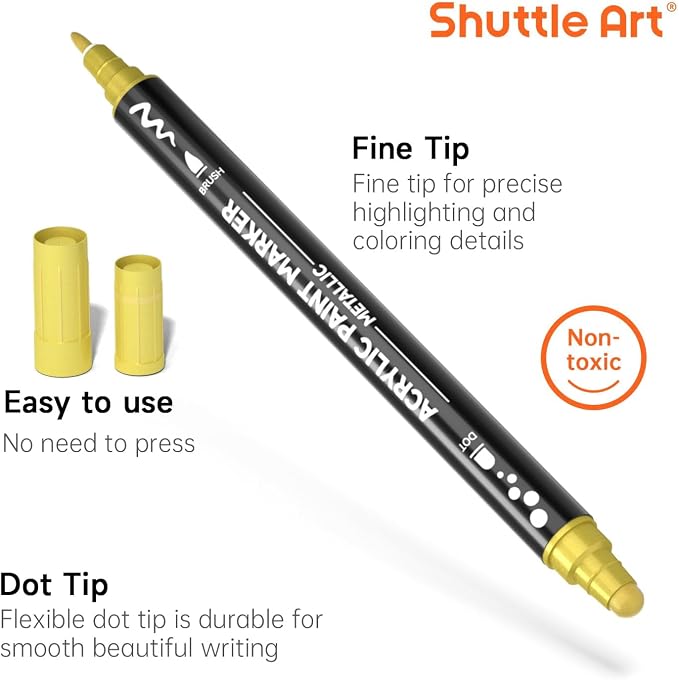 Shuttle Art 28 Metallic Colors Dual Tip Acrylic Paint Markers, Dot Tip and Fine Tip Acrylic Paint Pens for Rock, Ceramic, Wood, Canvas, Plastic, Glass, Stone, Calligraphy, Card, DIY Football Crafts