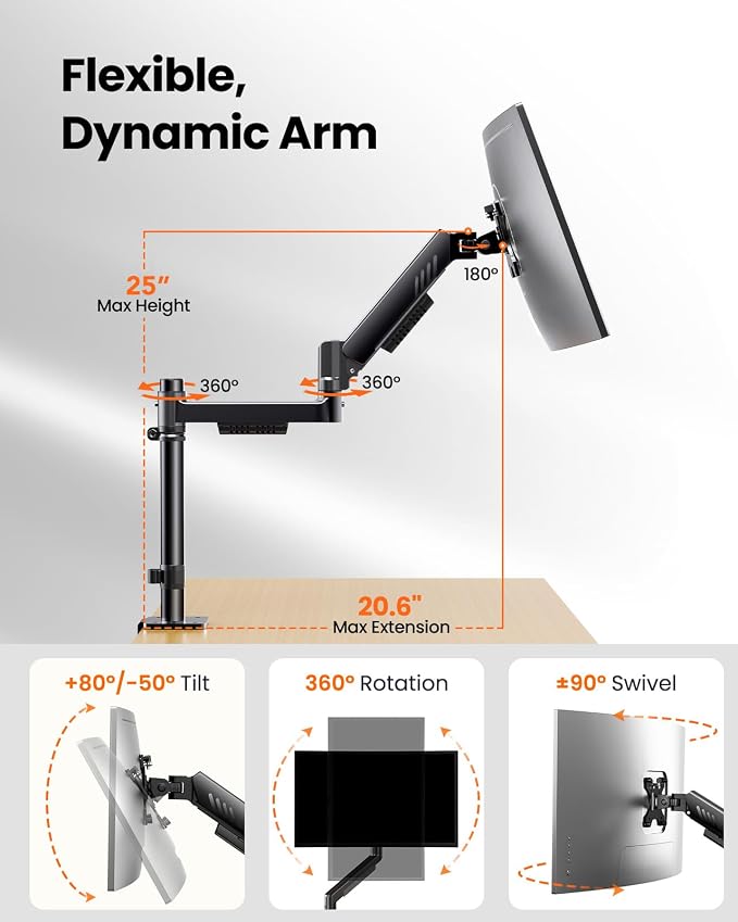 ErGear Dual Monitor Stand, Stacked Monitor Mount for 13-33″ Screens, Up to 19.8 lbs/Arm, Enhanced Stability with Integrated C-Clamp, Upgraded Cable Management, VESA 75x75/100x100mm, Home Office Gaming