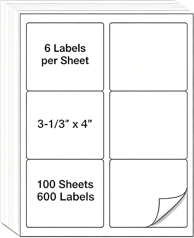 3-1/3" x 4" Shipping Address Labels 600 Label Stickers Paper for Laser/Inkjet Printer 6 per Page Printable Mailing Labels, FBA Box Labels - Matte, 100 Sheets