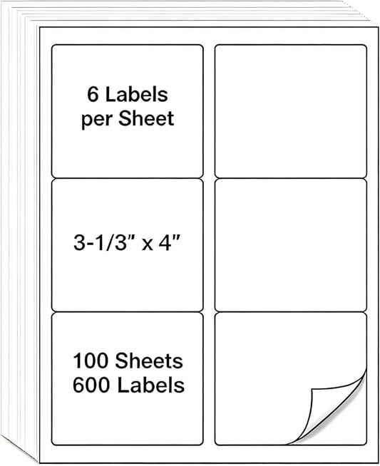 3-1/3" x 4" Shipping Address Labels 600 Label Stickers Paper for Laser/Inkjet Printer 6 per Page Printable Mailing Labels, FBA Box Labels - Matte, 100 Sheets