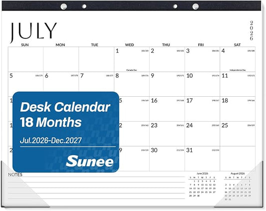 SUNEE Desk Calendar 2026-2027, 14.5" x 11.5", 18-Month Monthly Desk Calendar from Jul. 2026 - Dec. 2027, Academic Desk Calendar for Teacher, School, White