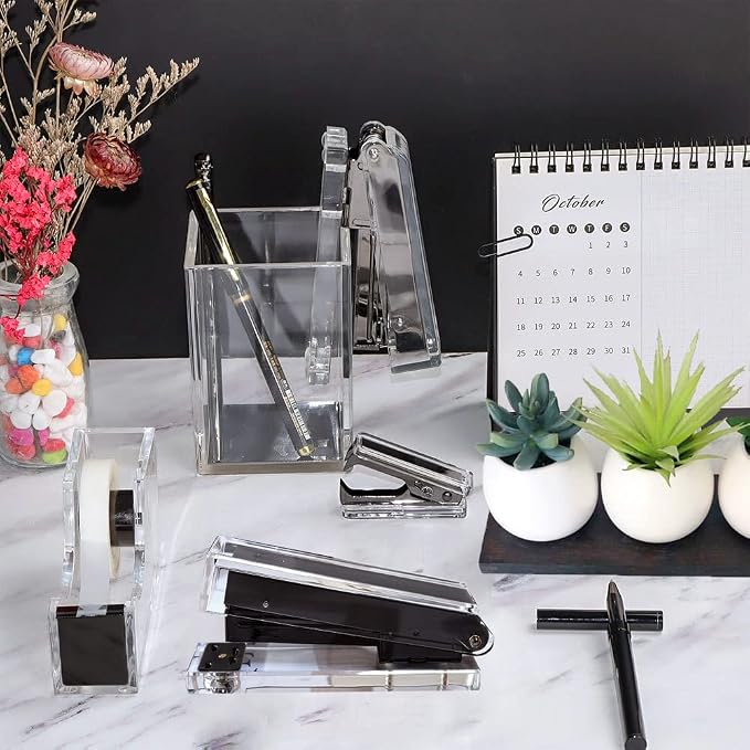 Acrylic Black Tape Dispenser and Desktop Stapler, Includes Staple Remover, Tape, 1000pcs Staples - Cute Office Stapler Set for Modern Design Desk Accessory Kit