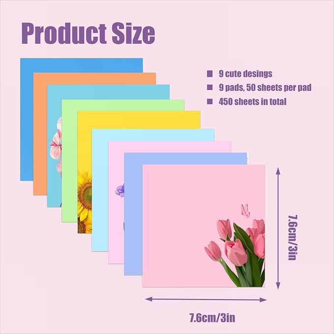 9 Pads Cute Sticky Notes Set, 3" x 3" Flower Self Stick Notepads, Funny Notes Set, Flower Stationery, Kawaii Adhesive Memo Pads, Flower Lover Gifts, Office Decor Desk Accessories, School Supplies