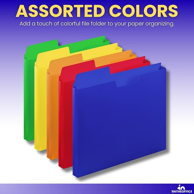 1InTheOffice Plastic File Folders Letter Size 1/3 Cut Tab, Poly File Pockets, Assorted Colors (10 Pack)