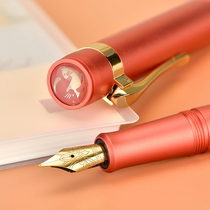 HONG DIAN M2 Mini Fountain Pen with Extra Fine Soft Golden Nib, Sleek Shape Aluminium Short Pocket Travel Pen (Orange Red)