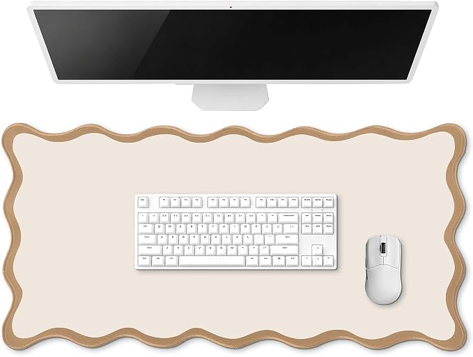 Hahafelt Scalloped Desk Mat Large Desk Pad Cute Coquette Table Mat Back to School Preppy Table Make up Pad Nonslip Graduation Gift with Stitching Waterproof Gaming(Beige,23.6 x 13.8 Inches)