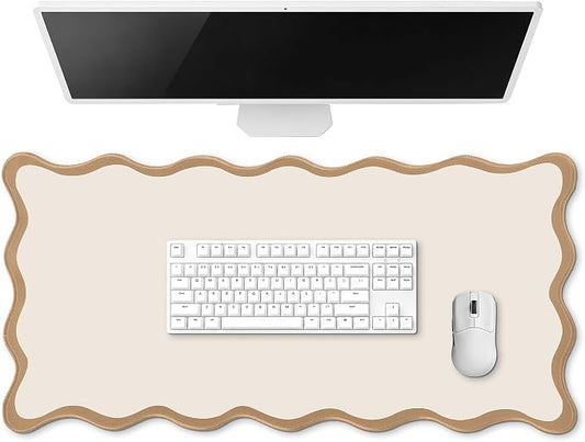 Hahafelt Scalloped Desk Mat Large Desk Pad Cute Coquette Table Mat Back to School Preppy Table Make up Pad Nonslip Graduation Gift with Stitching Waterproof Gaming(Beige,23.6 x 13.8 Inches)