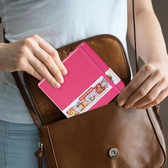 5x5" Pocket Sketch Book,80gsm Hardcover Art Sketchbook for Drawing Journal | PU Cover,Blank Paper,96Sheets/192Pages,Lay-Flat,Portable Travel Creation Paint Diary Memo Planner,Dry Media.Rose Pink