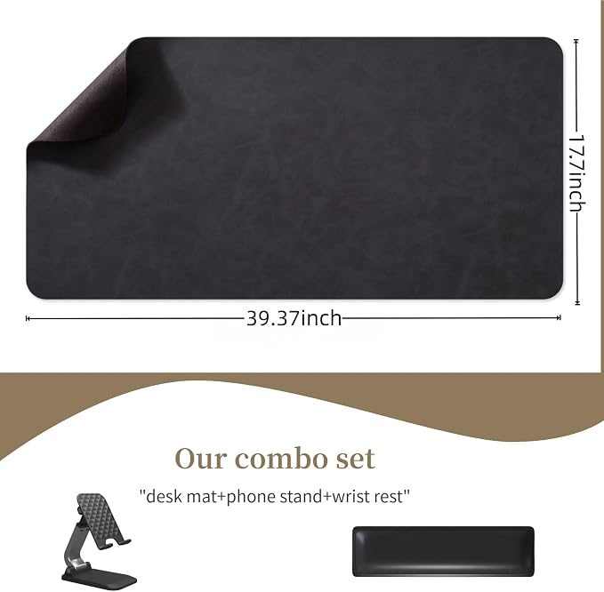 Leather Desk pad for Computer and laptops, Ideal for Gaming and Office use, Large Mouse pad and Keyboard mat,Desk mat Special for man. A complimentary Wrist pad and Phone Stand (Black, 39.37"*17.7")