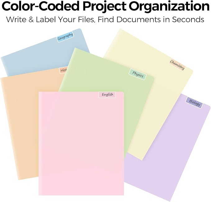Folders with Pockets and Tabs, 6 Pack Plastic File Folders with 18 Labels, Letter Size School Folders with Pockets, Color-Coded Project Folders for School, Home and Office Soft Pastels Colors