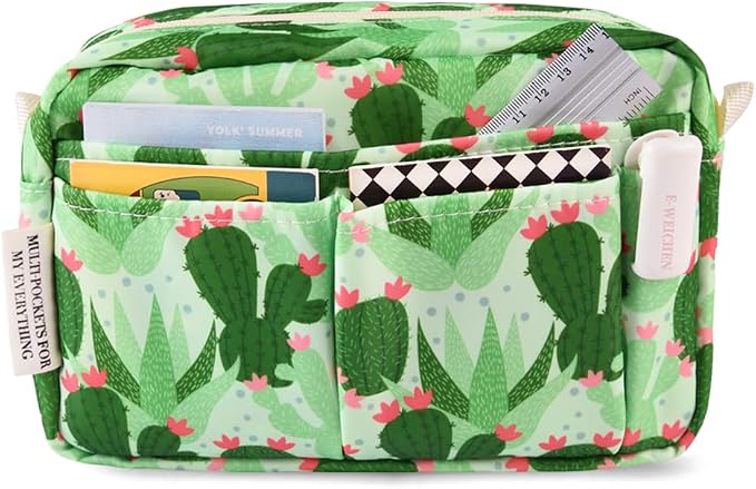 E-WEICHEN Multiple Pockets Portfolio Organizer with Zippered, Makeup Bag Travel Essentials for Women, Simple Waterproof Stationery Pencil Pouch Bag for Journal Office Art Supplies.Green Cactus