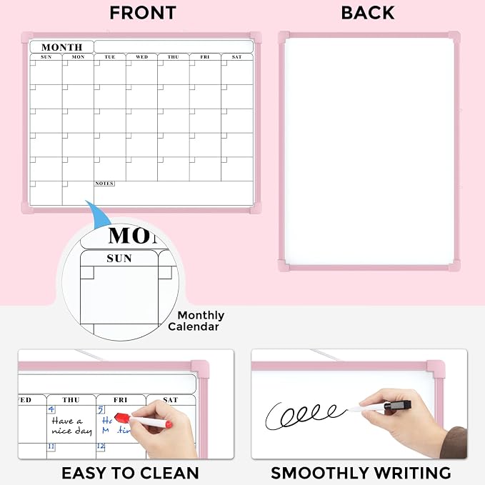 MaxGear Monthly Calendar Dry Erase Board for Wall, 16"x12", Pink Frame | Double-Sided, Hanging Small White Board, Portable Whiteboard for Planning, Drawing, Memo, to Do List, Home, Kitchen, Office