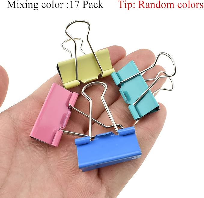 HAHIYO Binder Clips Paper Clamps Spring Steel Sturdy Medium 1.26 inches Width 0.39 Inch Capacity No Sharp Edges Heavy Duty Tight Grip Reusable Color Metal Bright Finish for Home Office School 17 Pack