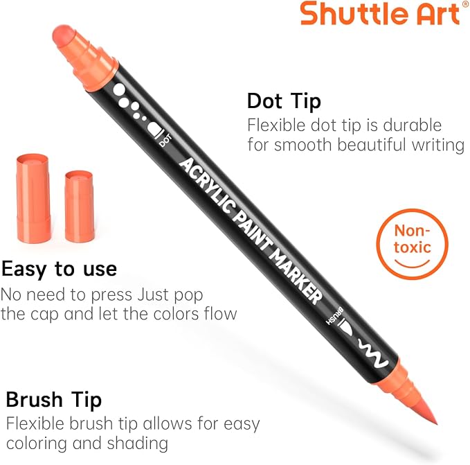 Shuttle Art 28 Colors Dual Tip Acrylic Paint Markers, Brush Tip and Dot Tip Acrylic Paint Pens for Rock, Ceramic, Wood, Canvas, Plastic, Glass, Stone, Calligraphy, Card Making, DIY Football Crafts