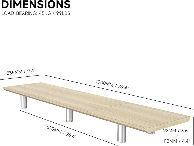 Fenge 39.4” Dual Monitor Stand with Height Adjustable Legs, Oak | Wooden & Steel, Ergonomic Height 3.6" to 4.4", Underneath Storage, Holds up to 99lbs, Laptop Monitor Stand for Home Office