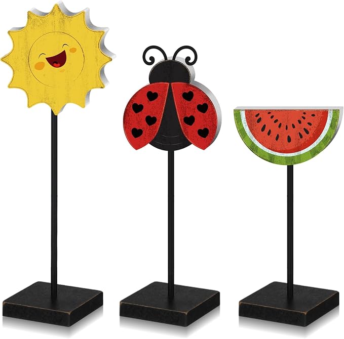 3 Pcs Summer Table Decor Wooden Watermelon Ladybug Decorations Standing Watermelon Decor Summer Table Centerpiece Rustic Farmhouse Sign for Home Kitchen Office Beach Party