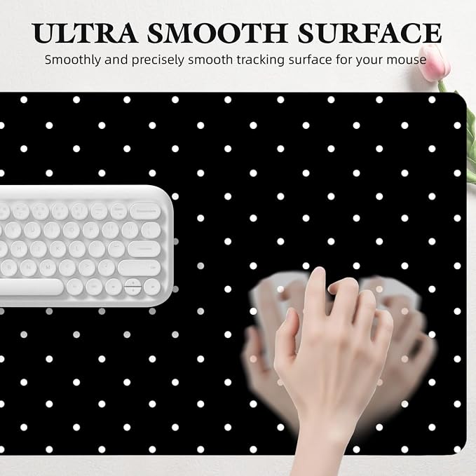 White Polka Dot Leather Desk Mat Extended Gaming Mouse Pad | Non-slip Large Writing Pad Laptop Blotter Computer Keyboard Mat | Cute Black Desk Protector for Home Office 23.6" x 11.8"