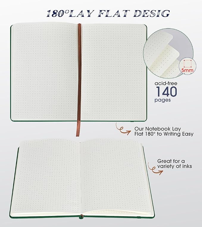 Biuwory Dotted Journal Notebook, 140 Dot Grid Pages, Medium 5.7"×8.3" | A5 Hardcover Vintage Leather Journal for Women Men, Dot Grid Paper Notebook for Work School Travel, Bullet Journaling Writing