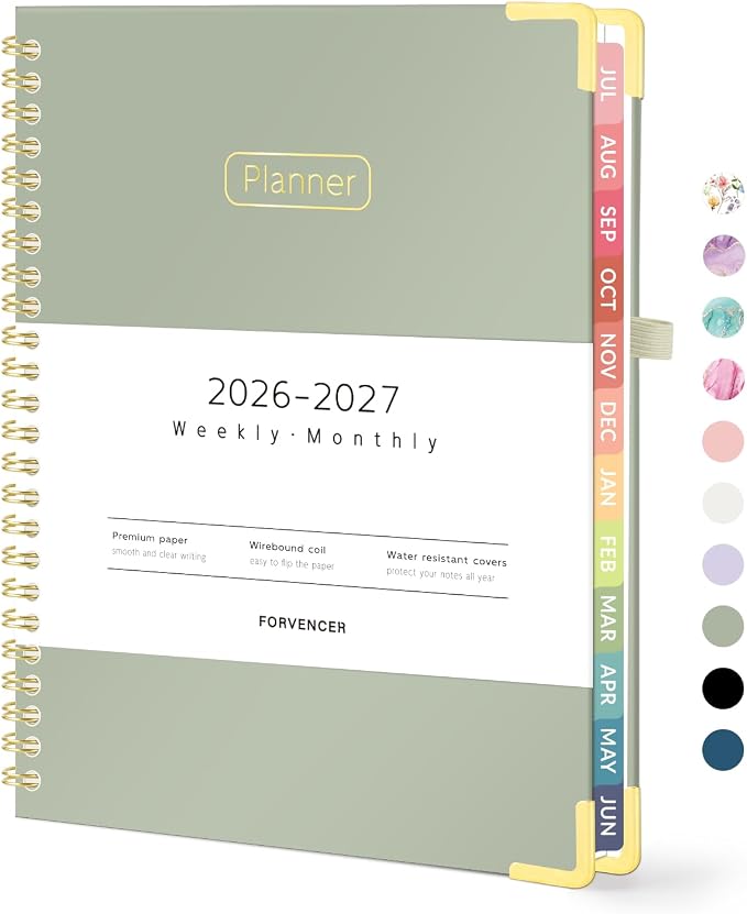 Forvencer Academic Planner 2026-2027, Hardcover Calendar Planner Weekly & Monthly, July 2026 - June 2027, 6" x 8", Daily Agenda with Tabs, College School Organizer for Student Teacher, Olive Green