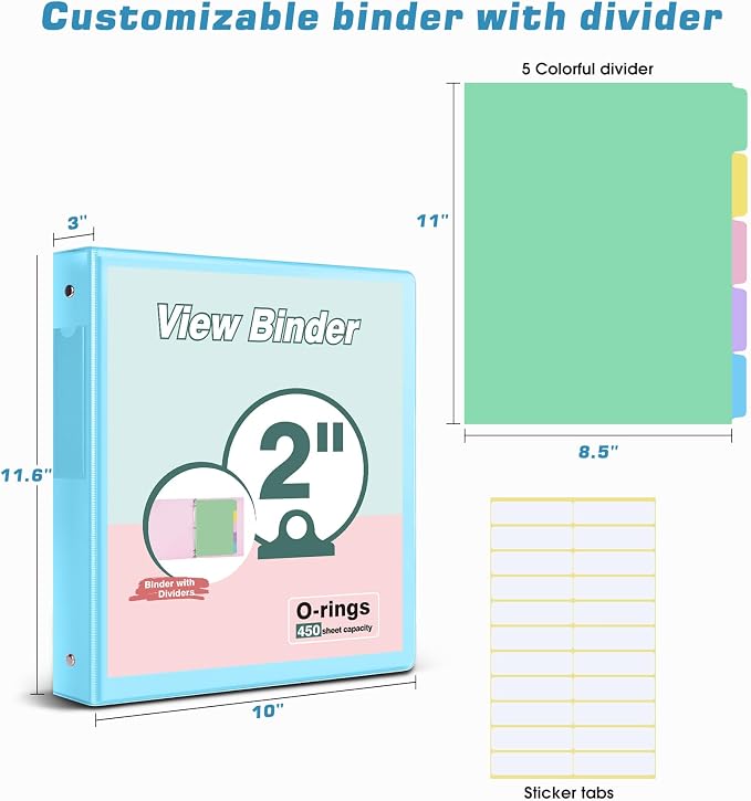 3 Ring Binder 2 inch，Cute Binder Organizer with 5 Tab Dividers Fits 175 Sheets of 8.5x11 Paper, Customizable Clear Cover with Inside Pockets, Aesthetic 2" Three Ring Binders for School Office，Blue