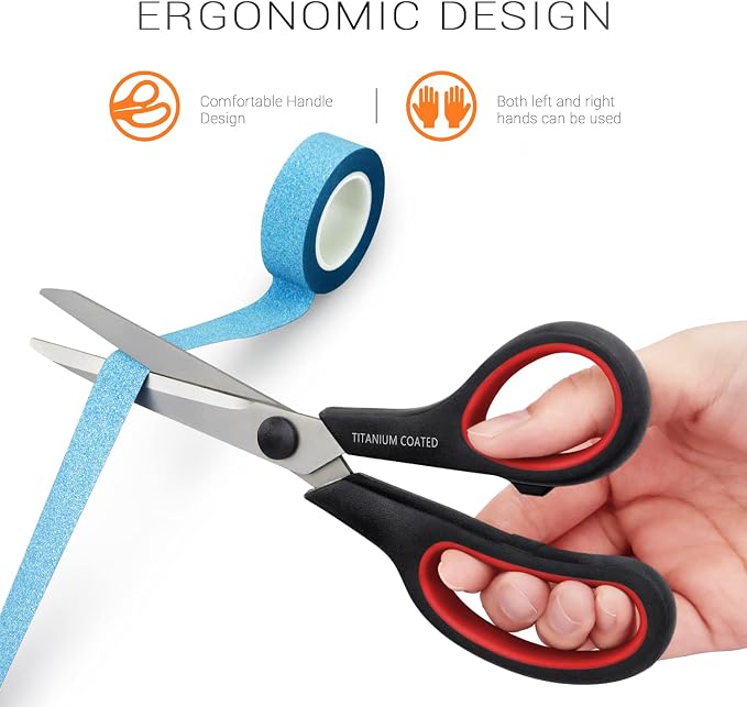 Scissors 8" Multipurpose Titanium Coated Sturdy Sharp, Black, 1 Pack | Right/Left Handed Comfort-Grip Handles, for Office Home School, Sewing Fabric Craft Supplies