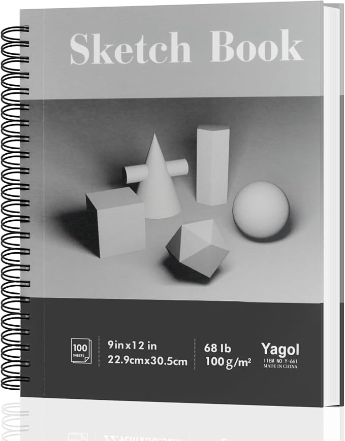 Yagol Sketch Book 9x12, 100 Sheets Spiral Bound Sketchbook, 68lb/100gsm Acid-Free Drawing Paper Pad for Sketching, Pencil, Charcoal & Dry Media, Art Sketch Pad for Students, Beginners & Artists.