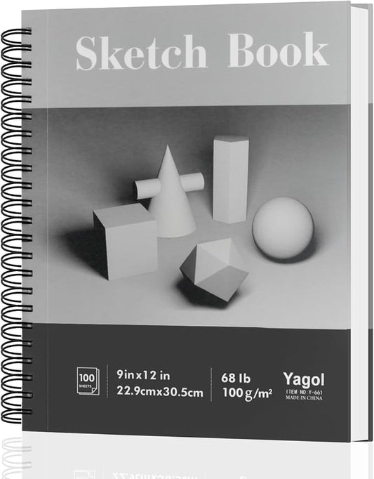 Yagol Sketch Book 9x12, 100 Sheets Spiral Bound Sketchbook, 68lb/100gsm Acid-Free Drawing Paper Pad for Sketching, Pencil, Charcoal & Dry Media, Art Sketch Pad for Students, Beginners & Artists.