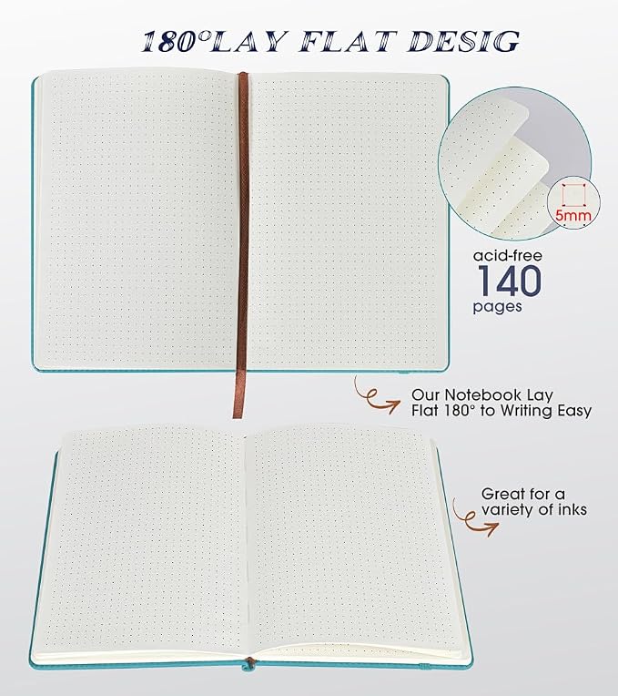 Biuwory Dotted Journal Notebook, 140 Dot Grid Pages, Medium 5.7"×8.3" | A5 Hardcover Vintage Leather Journal for Women Men, Dot Grid Paper Notebook for Work School Travel, Bullet Journaling Writing