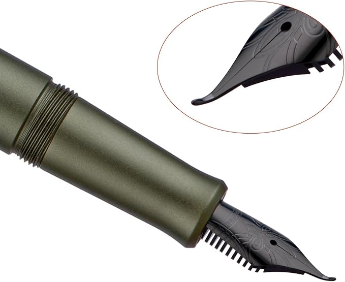 HONG DIAN M2 Black Forest Mini Fountain Pen, Bent Nib & Sleek Shape Aluminium Short Pocket Travel Pen (Army Green)