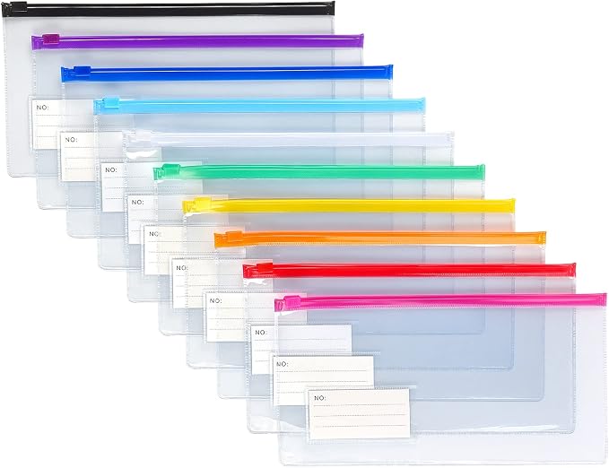 Tamaki 10 Pack Zipper Plastic Envelopes, Small Pencil Pounch, 9 x 4.7 Inch | Plastic Envelopes A6 Size for Pencil Case Bulk, Bill Bag