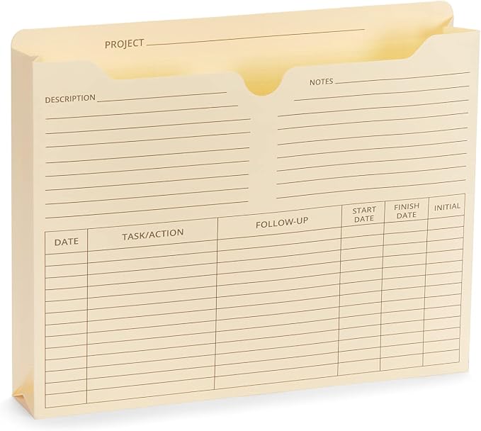Blue Summit Supplies 50 Project File Folders, Reinforced Straight Cut Tab, 2 Inch Expansion Pocket, Preprinted Project Management Folder Design, Letter Size, Manila, 50 Pack